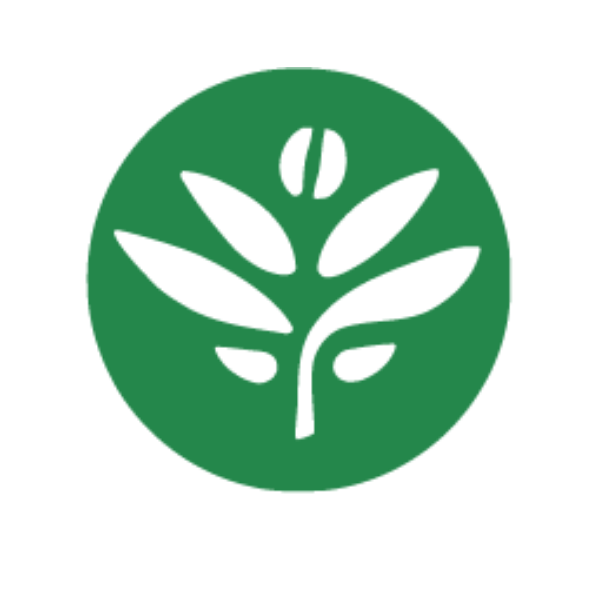 Green circular logo with a white leaf design on a white background