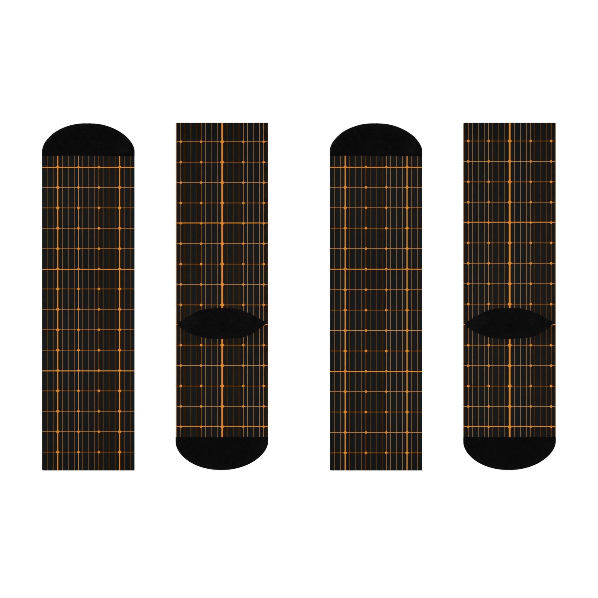 Four black socks with solar grid pattern on a white background