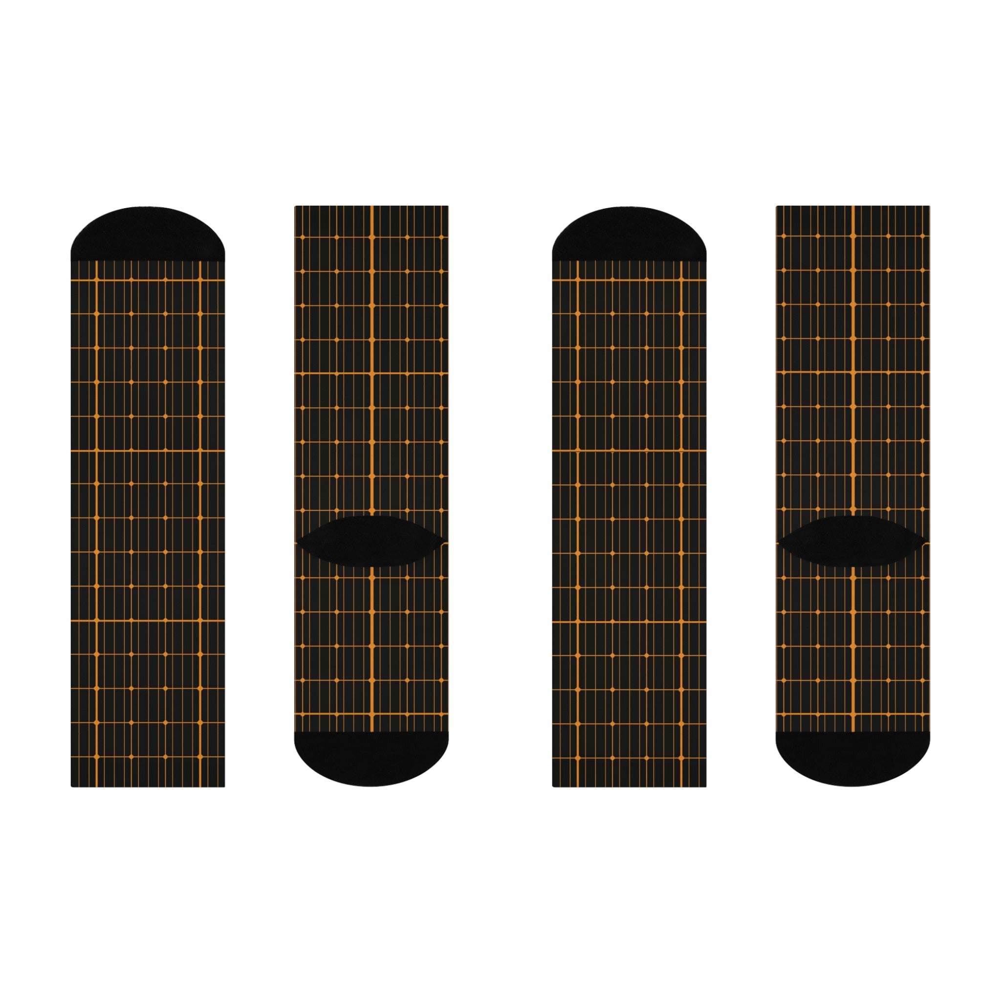 Four black socks with solar grid pattern on a white background