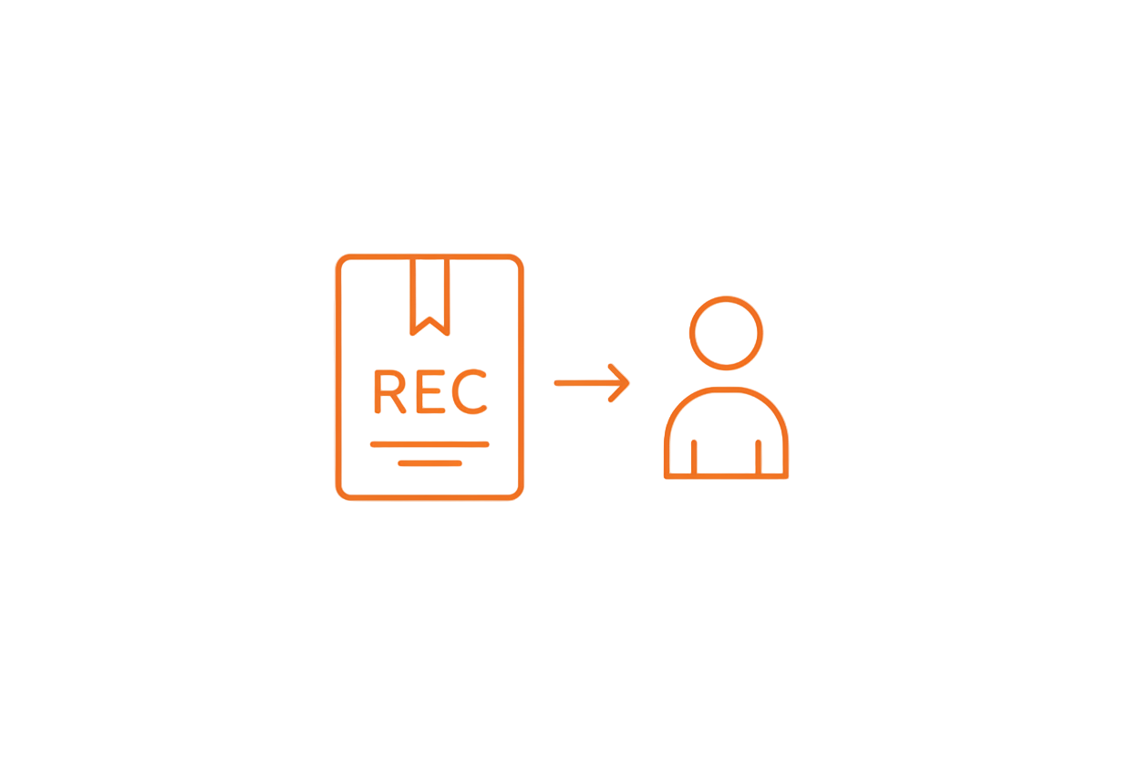 minimalist icon with thin lines of a "REC" certificate on the left and a person on the left connected by an arrow. All in hex color F39101.