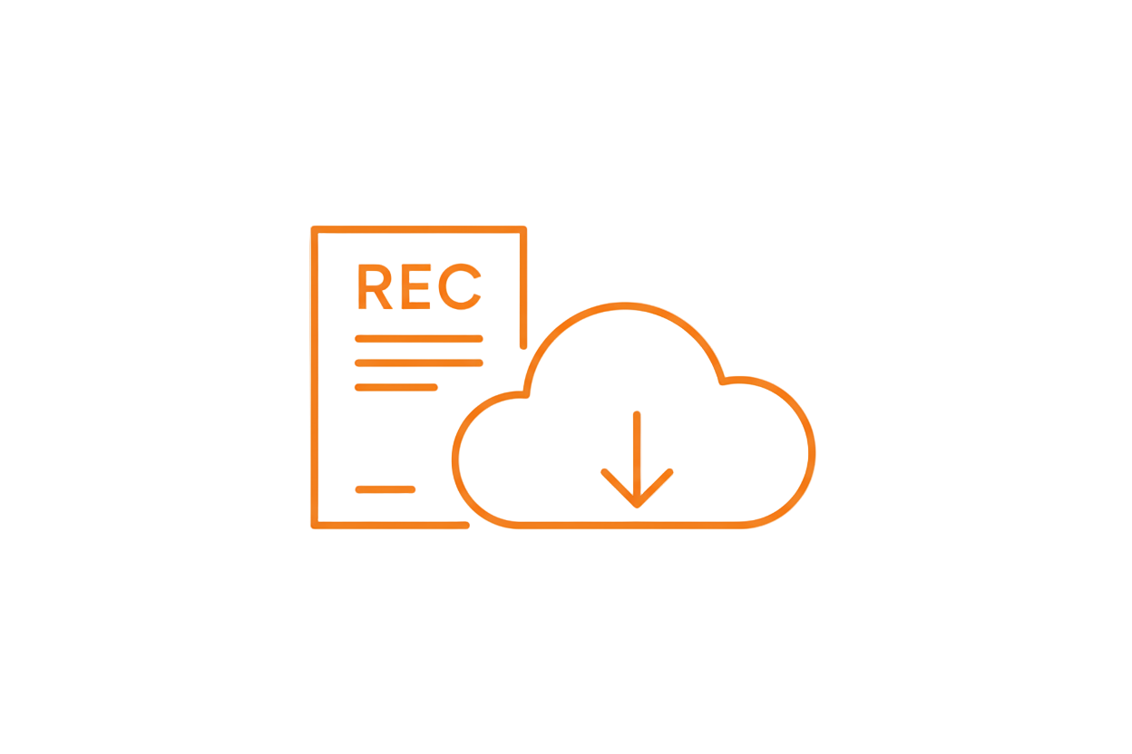 minimalist icon with thin lines of a REC certificate on the left with a puffy cloud and down arrow flowing out of the cloud on the right. All in hex color F39101