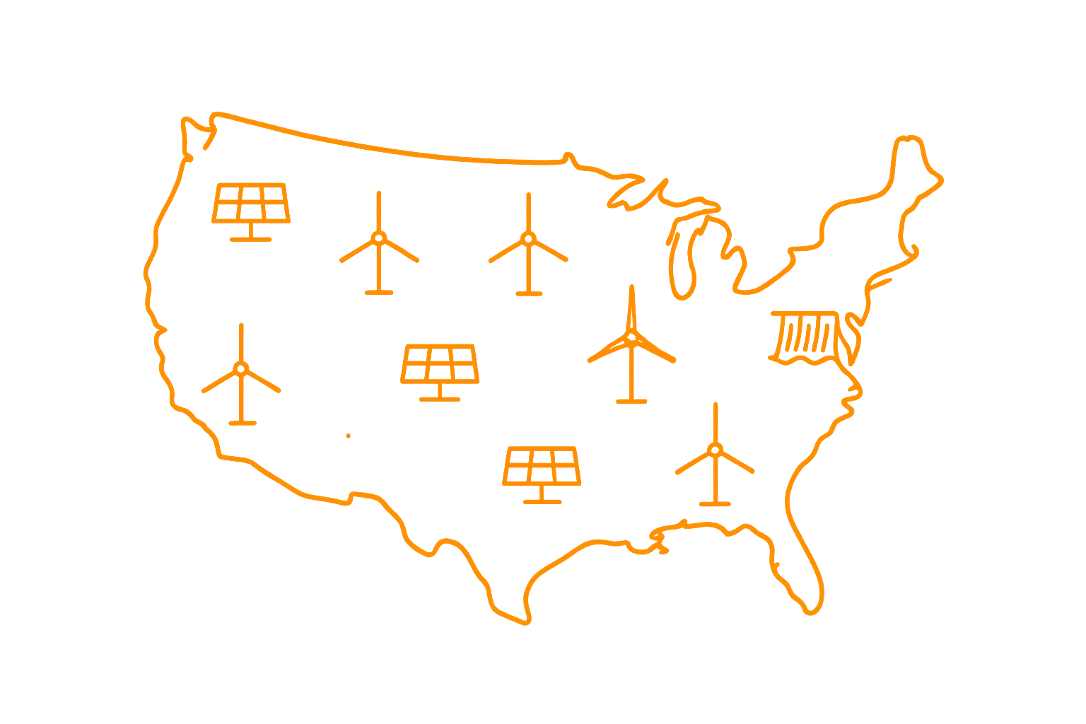 minimalist icon with very thin lines of the united states with solar panel icons, wind turbine icons, and hydroelectric icons placed randomly across the country. The entire graphic is in HEX color F39101 and on a transparent background.
