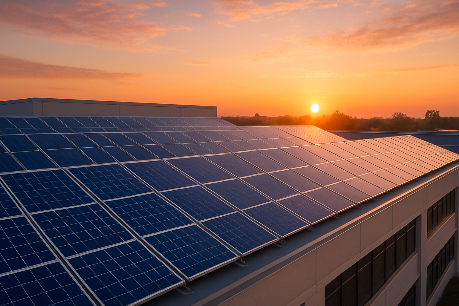 Sunrise over solar panels on the roof of a commercial building
